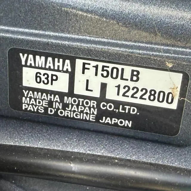 Slide: The Image of Yamaha F150LB engine label on 2019 Godfrey Aqua Patio 235 UL boat. - 18