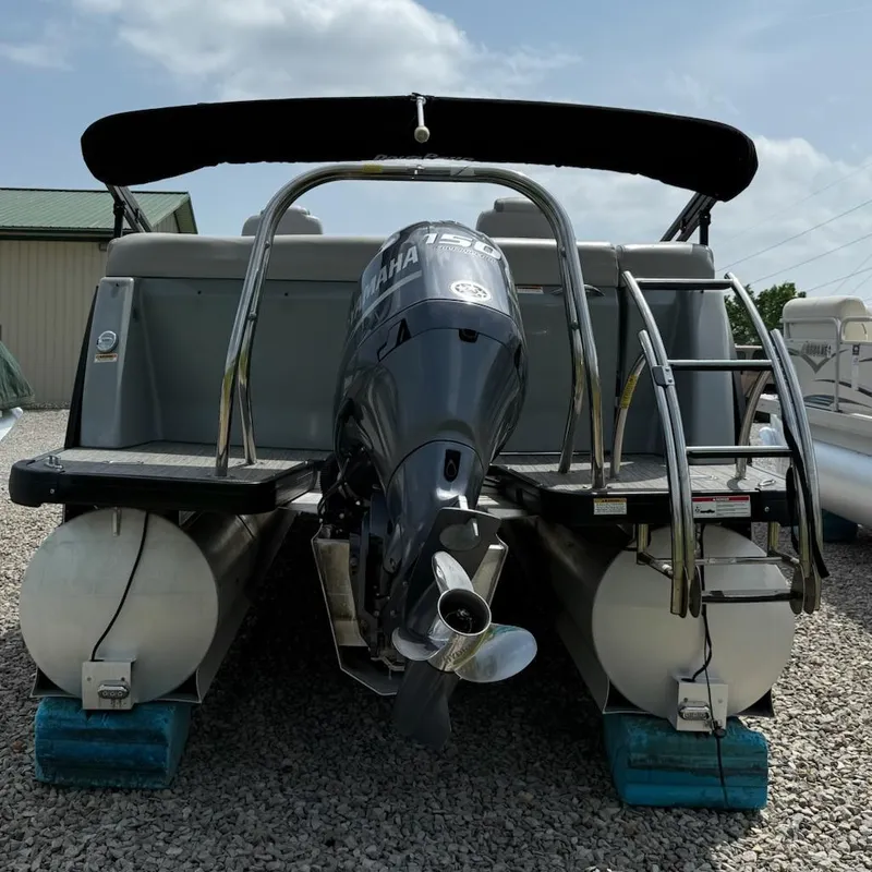 Slide: The Image of 2019 Godfrey Aqua Patio 235 UL pontoon boat with Yamaha outboard motor, rear view. - 3