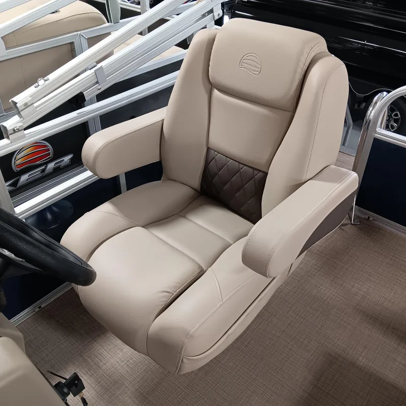 Slide: The Image of 2025 Sun Tracker Bass Buggy 16 XL Select captain's chair, beige upholstery, luxurious design. - 8