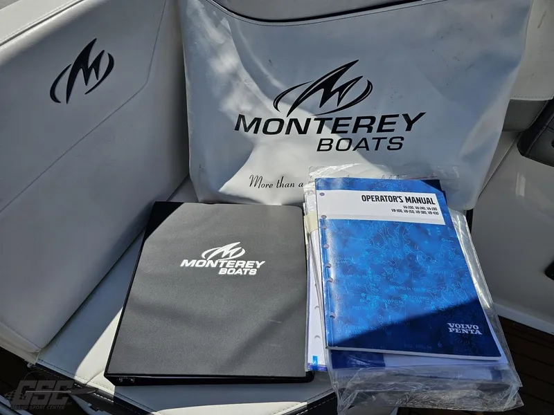 Slide: The Image of 2018 Monterey 258 Super Sport manuals on boat seat with logo. - 45