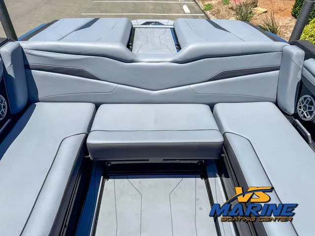 Slide: The Image of 2023 Axis Wake Research T250 boat interior with gray seating at VS Marine Boating Center. - 13