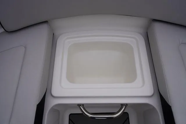 Slide: The Image of 2024 Sea Ray SPX 210 boat interior storage compartment with white cushioned seating. - 31