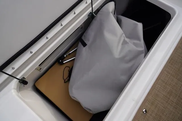 Slide: The Image of 2024 Sea Ray SPX 230 storage compartment with cover and accessories. - 36