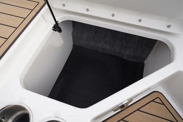 Slide: The Image of 2024 Sea Ray SPX 230 storage compartment with wood accents and stainless steel details. - 41