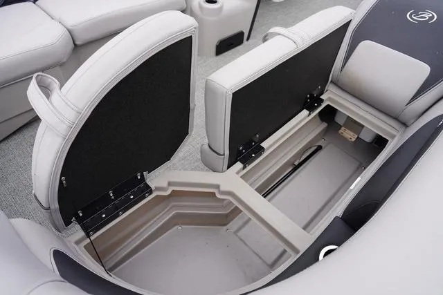 Slide: The Image of 2025 Barletta Boats A22UC storage compartment with open seats, showcasing spacious interior design. - 15
