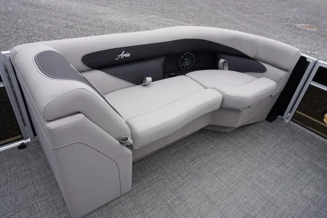 Slide: The Image of 2025 Barletta Boats A22UC interior seating with gray upholstery and modern design. - 20