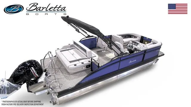 Slide: The Image of 2025 Barletta Boats A22UC pontoon with sleek design and powerful Mercury outboard motor. - 47