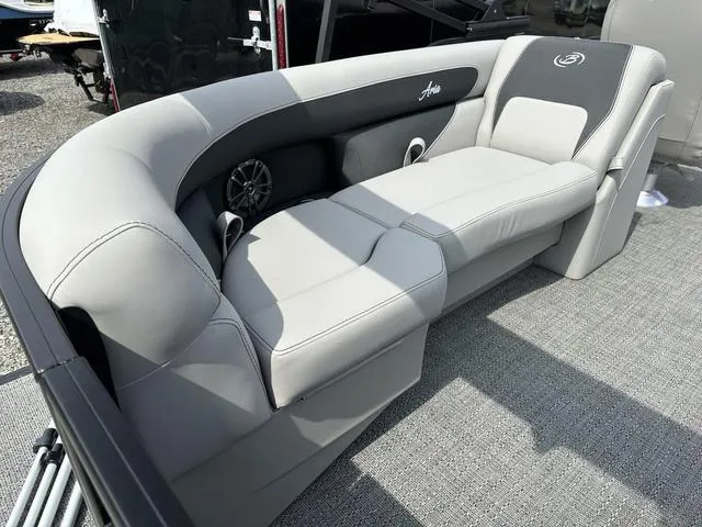 Slide: The Image of Luxurious seating on 2025 Barletta Boats A22QC, featuring sleek gray upholstery. - 28