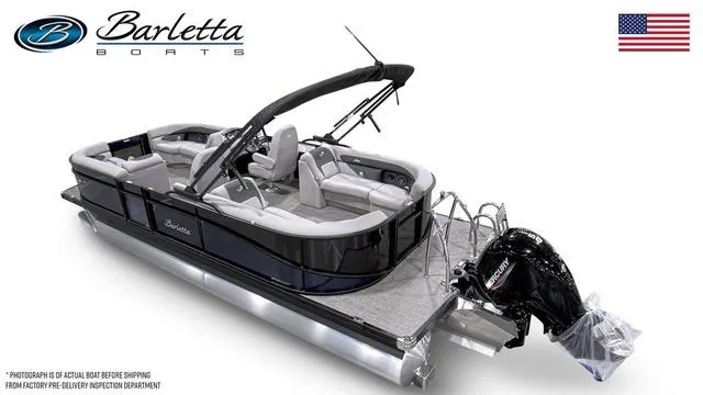 Slide: The Image of 2025 Barletta Boats A22QC pontoon with sleek design and powerful outboard motor. - 38