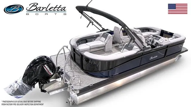 Slide: The Image of 2025 Barletta Boats A22QC pontoon with Mercury engine, sleek design, and American flag. - 40