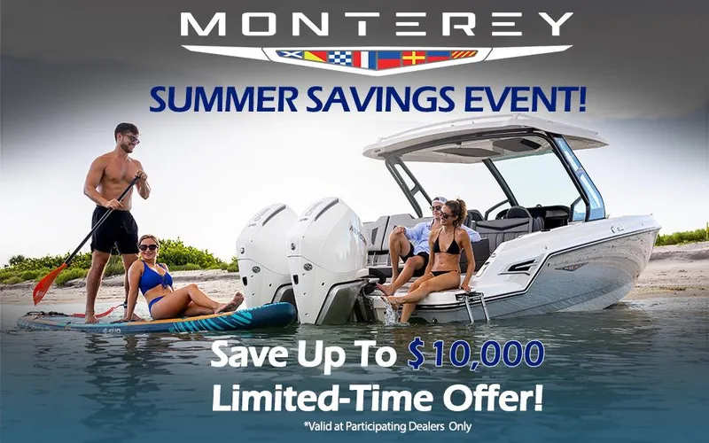 Slide: The Image of 2025 Monterey 298 Super Sport boat, summer savings event, limited-time offer, people enjoying water activities. - 39