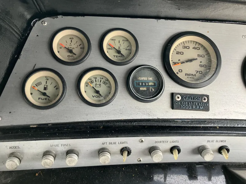 Slide: The Image of Dashboard of a 1985 Cruisers 336 Ultra Vee with gauges and switches. - 13