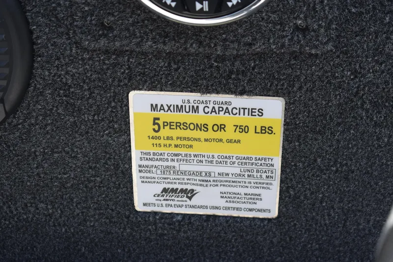 Slide: The Image of 2025 Lund 1875 Renegade SS capacity label, 5 persons or 750 lbs, U.S. Coast Guard compliant. - 12