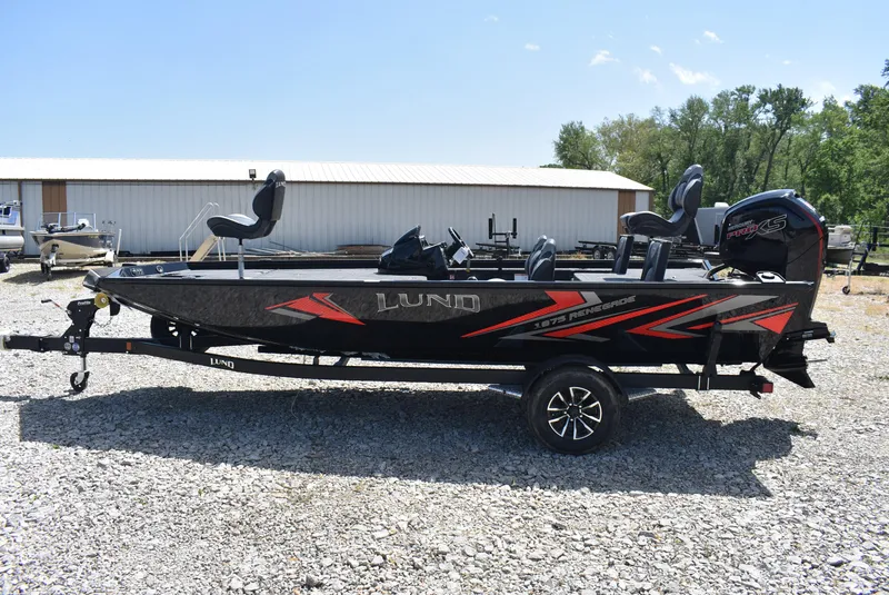 Slide: The Image of 2025 Lund 1875 Renegade SS boat on trailer, black with red accents, parked outdoors. - 4