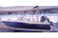Slide: The Image of 2025 Scout 195 Sport Dorado boat displayed indoors with a sleek design. - 0