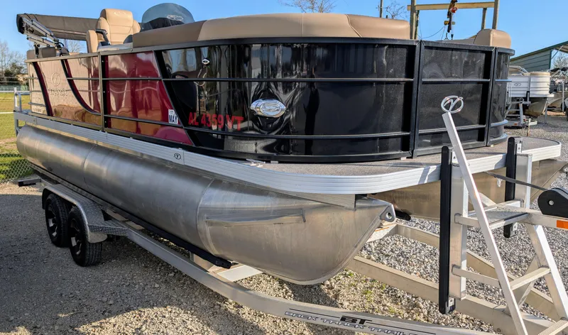 Slide: The Image of 2023 Veranda VR20RC pontoon boat on trailer, featuring sleek design and modern amenities. - 2