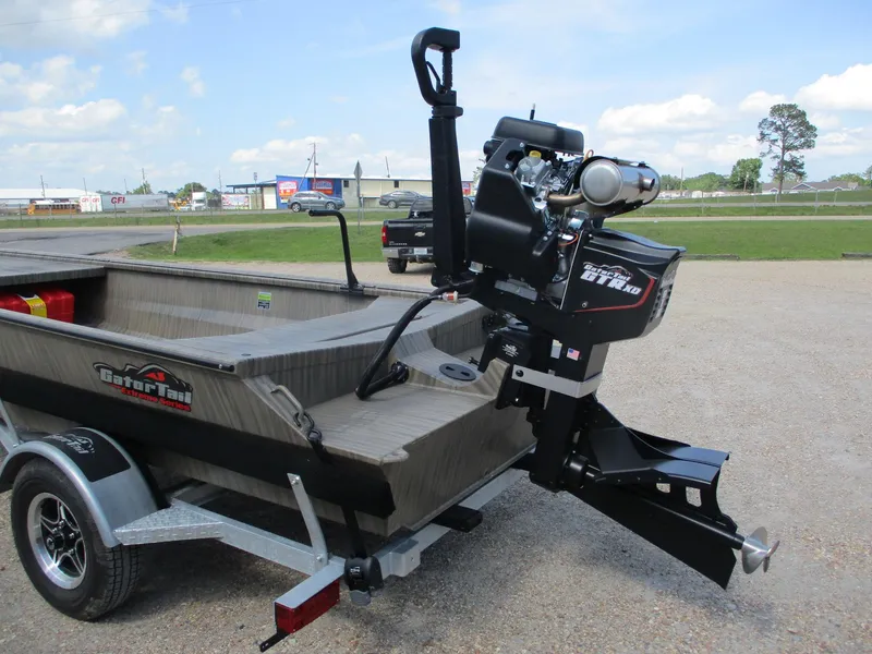 Slide: The Image of 2025 Gator Tail 1754 Extreme boat with powerful outboard motor on trailer. - 2