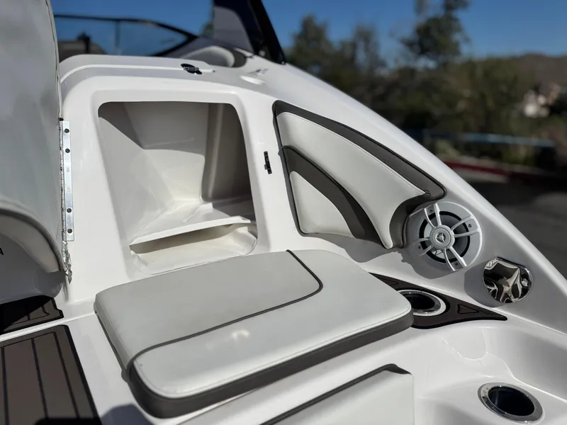 Slide: The Image of 2016 Yamaha Boats 242 Limited E-Series interior with seating and speaker detail. - 8