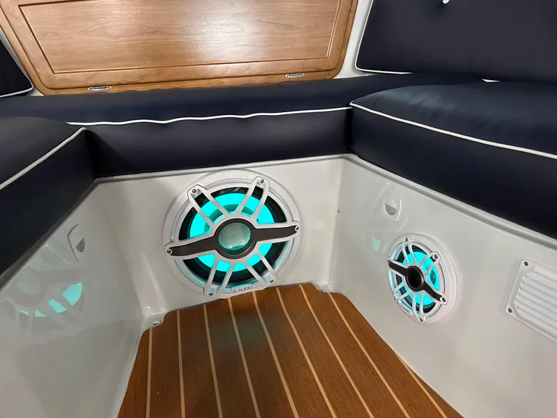 Slide: The Image of Interior of 2022 Duffy 22 Sun Cruiser with illuminated speakers and wood flooring. - 17