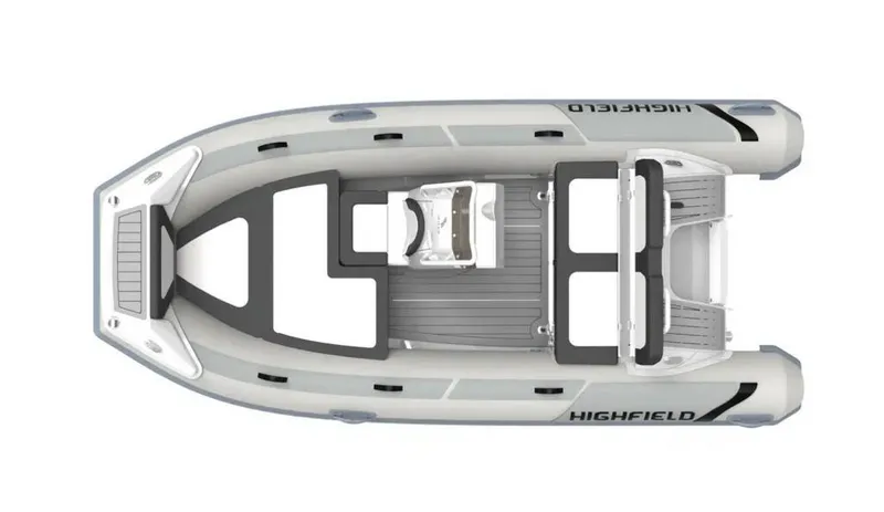 Slide: The Image of 2025 Highfield Sport 390 inflatable boat, top view, sleek design, gray and white color scheme. - 6