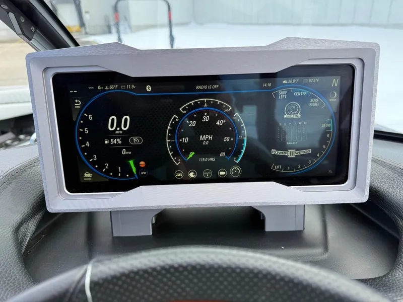 Slide: The Image of Dashboard display of a 2021 Malibu M240 boat showing speed and system information. - 19