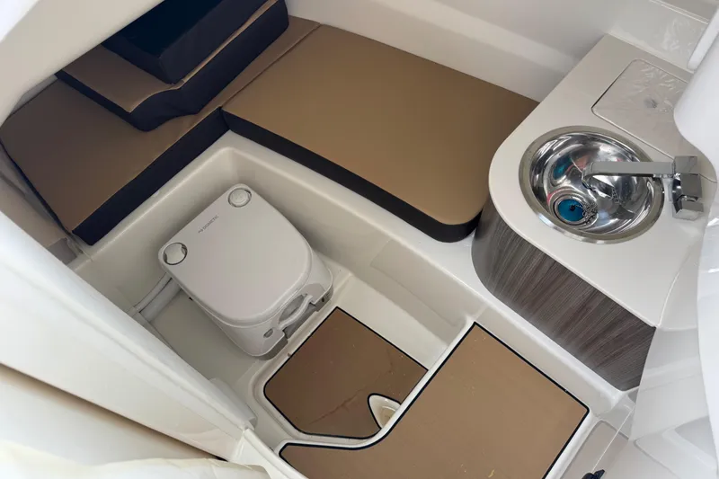 Slide: The Image of 2025 Sea Ray SDX 250 interior cabin with seating, sink, and compact toilet. - 19