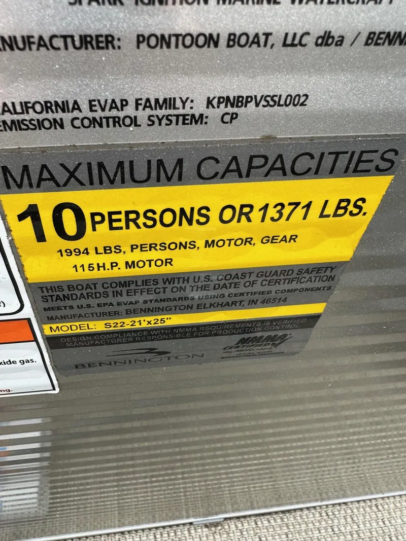 Slide: The Image of 2019 Bennington 22 SSR Quad Bench capacity label, 10 persons or 1371 lbs, 116 H.P. motor. - 7