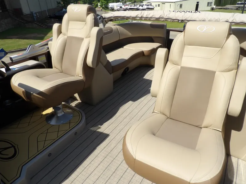Slide: The Image of Luxurious seating on 2025 Veranda VR22RC pontoon boat, featuring beige leather upholstery. - 11