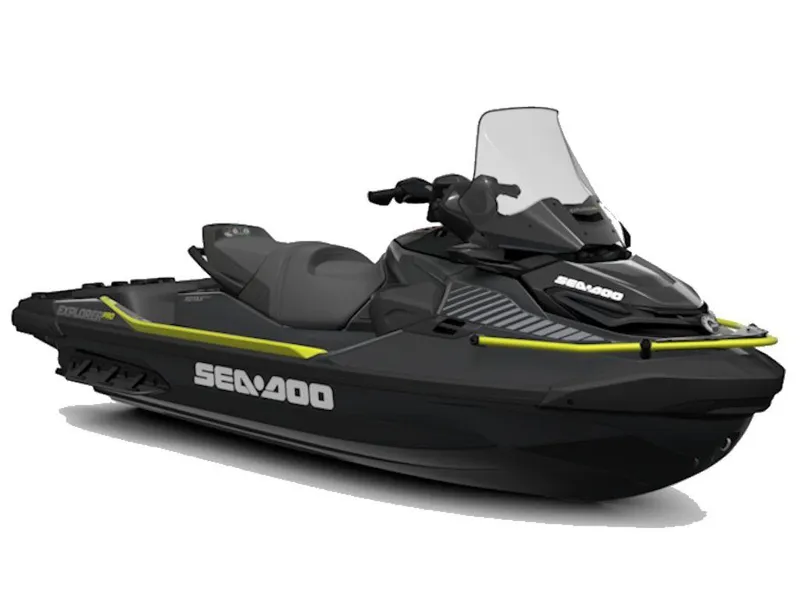 Slide: The Image of 2025 Sea-Doo Explorer Pro® 170 jet ski, sleek black design with yellow accents. - 0