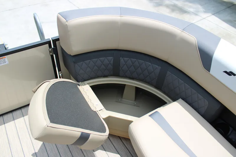 Slide: The Image of 2025 Starcraft SLS-3 Q DH pontoon boat on trailer, black canopy, parked outside. - 2