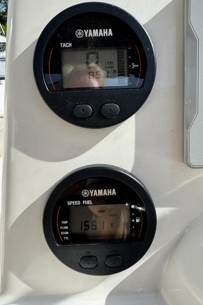 Slide: The Image of Yamaha tachometer and speed fuel gauges on 2022 Key West 203 DFS boat. - 19