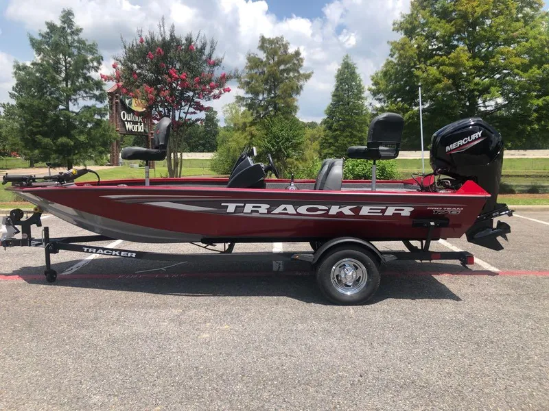 The Image of 2025 Tracker Pro Team 175 boat on trailer, red color, parked outdoors. - 0