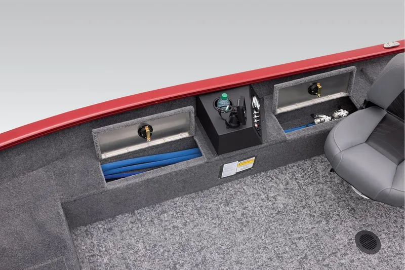 Slide: The Image of 2025 Tracker Super Guide V-16 T boat interior with fuel tank and wiring. - 13