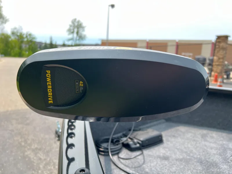 Slide: The Image of PowerDrive motor on 2025 Tracker Super Guide V-16 T boat, close-up view. - 7