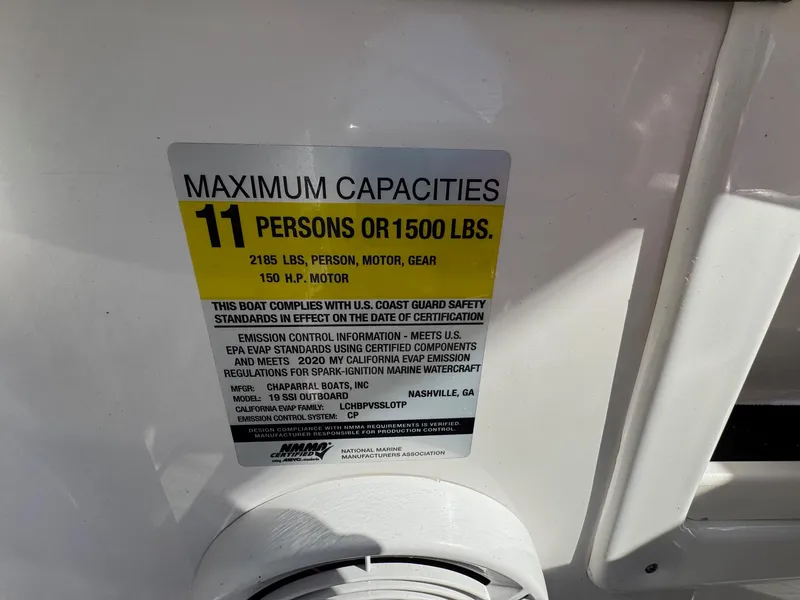 Slide: The Image of Chaparral 19 SSi OB 2020 capacity label: 11 persons or 1500 lbs, 150 HP motor. - 12