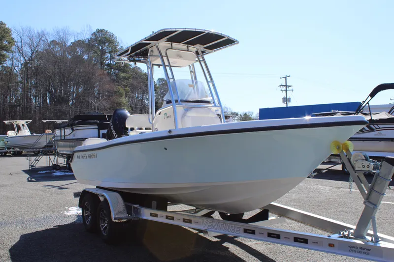 Slide: The Image of 2025 Key West 189 FS boat on trailer, parked outdoors under clear sky. - 9