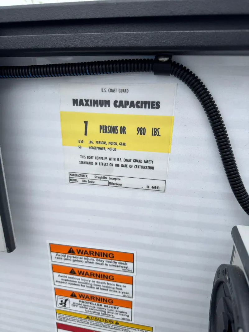 Slide: The Image of 2025 Angler Quest 816 Panfish Cruise capacity label, 7 persons or 980 lbs, safety warnings visible. - 11