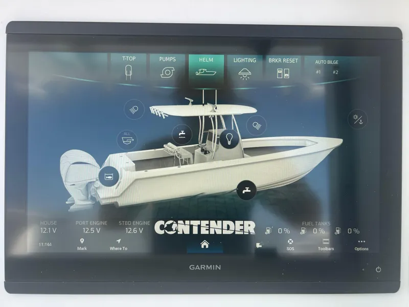 Slide: The Image of Garmin display showing 2025 Contender 30 ST boat controls and status interface. - 13