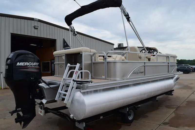 Slide: The Image of 2014 SunChaser Classic Cruise 8520 pontoon boat with Mercury outboard motor on trailer. - 3