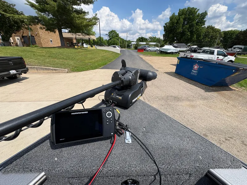 Slide: The Image of Boat deck with trolling motor and fish finder, Lund 1975 Pro-V, 2021 model. - 2