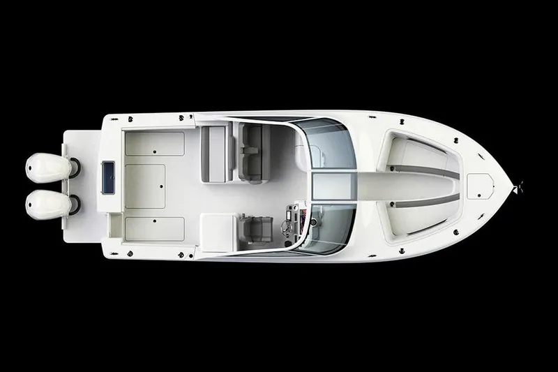 Slide: The Image of 2025 Albemarle 31 Dual Console boat interior with modern steering and controls. - 16
