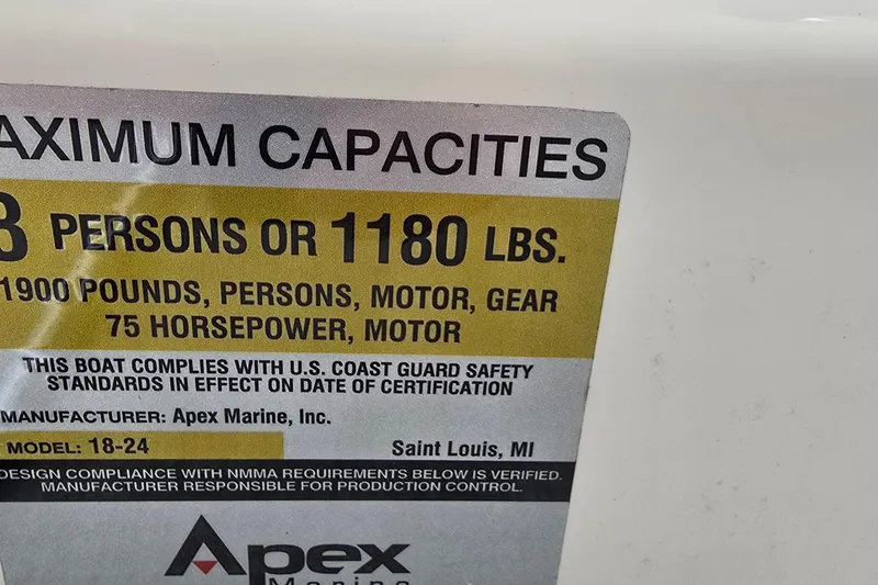 Slide: The Image of 2019 Qwest LS 818 RLS boat capacity label, 13 persons or 1180 lbs, 75 horsepower. - 12
