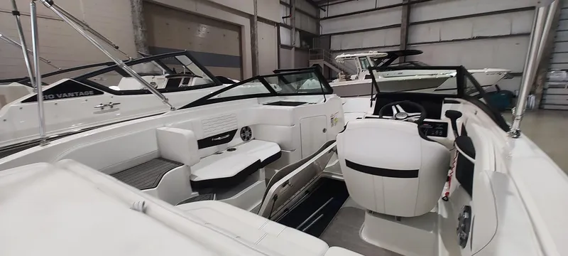 Slide: The Image of 2023 Sea Ray SPX 190 boat interior in showroom, featuring sleek white seating and modern design. - 16