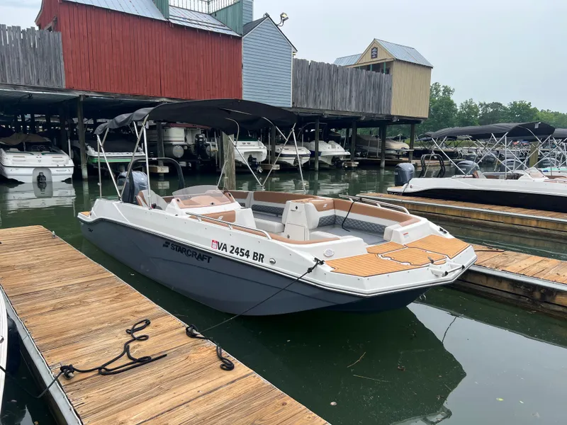 Slide: The Image of 2025 Starcraft SVX 211 OB boat docked at a marina with colorful boathouses. - 3