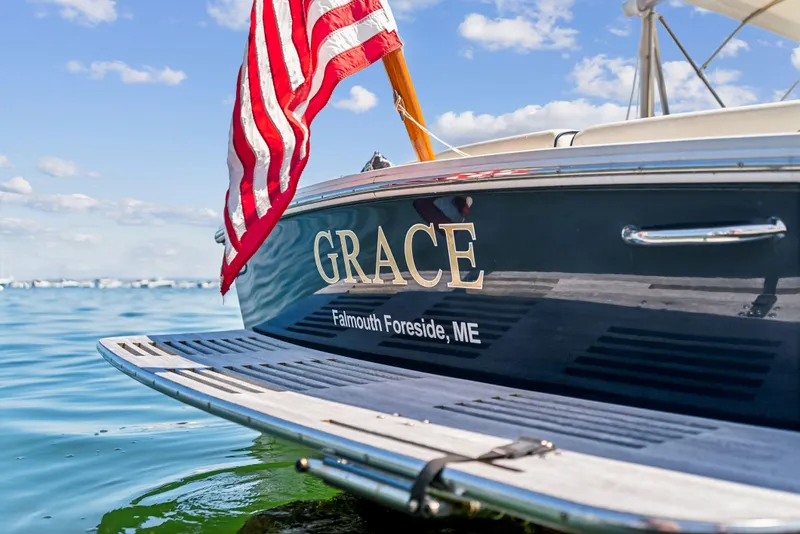 Slide: The Image of 2015 Hunt Yachts 25 Harrier named "Grace" with American flag, Falmouth Foreside, ME. - 14