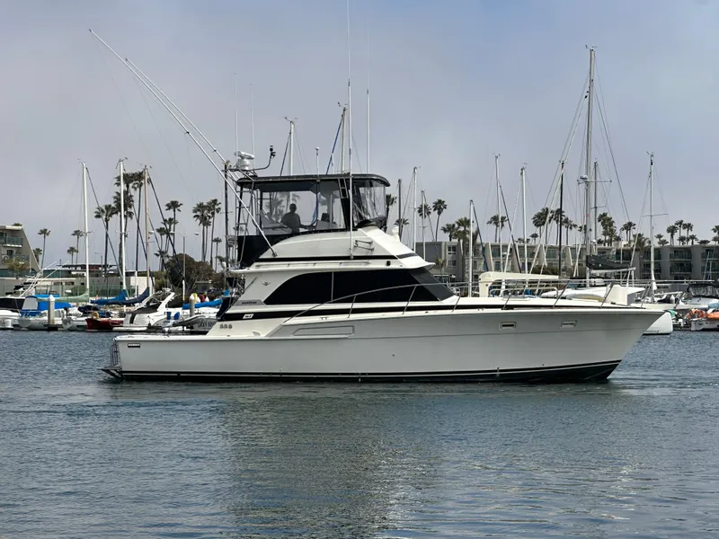 Slide: The Image of 1978 Bertram 46 Convertible yacht in a marina with sailboats and palm trees. - 1