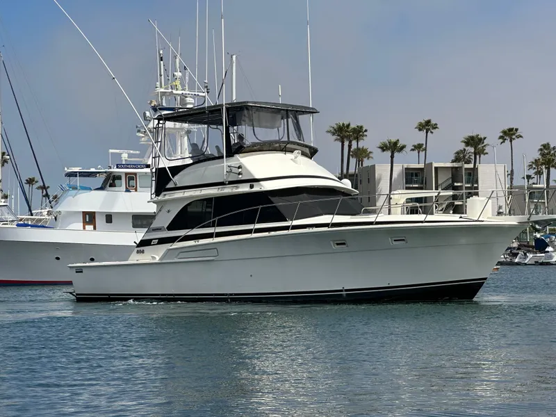 Slide: The Image of 1978 Bertram 46 Convertible yacht docked in a marina with palm trees in the background. - 3