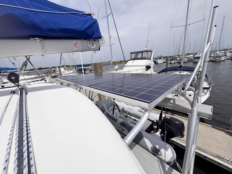 Slide: The Image of Leopard 43 catamaran with solar panels docked at marina, 2007 model. - 6