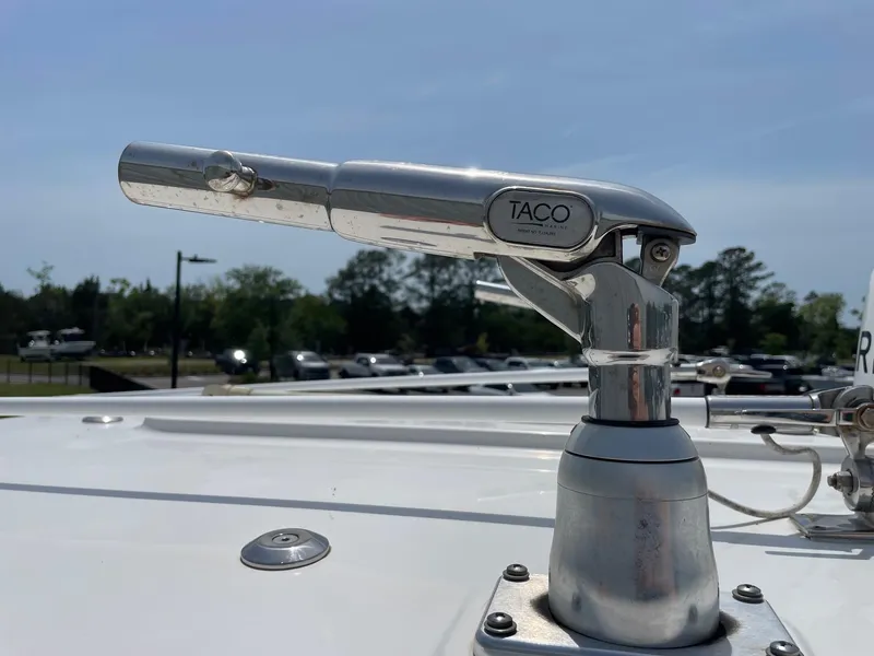 Slide: The Image of TACO marine hardware on 2021 Regulator 26XO boat, close-up view. - 37