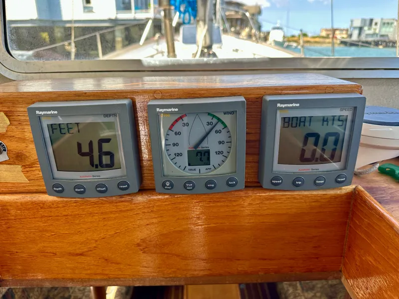 Slide: The Image of Digital navigation instruments on a 1985 Fisher 34 Pilothouse Ketch sailboat. - 21